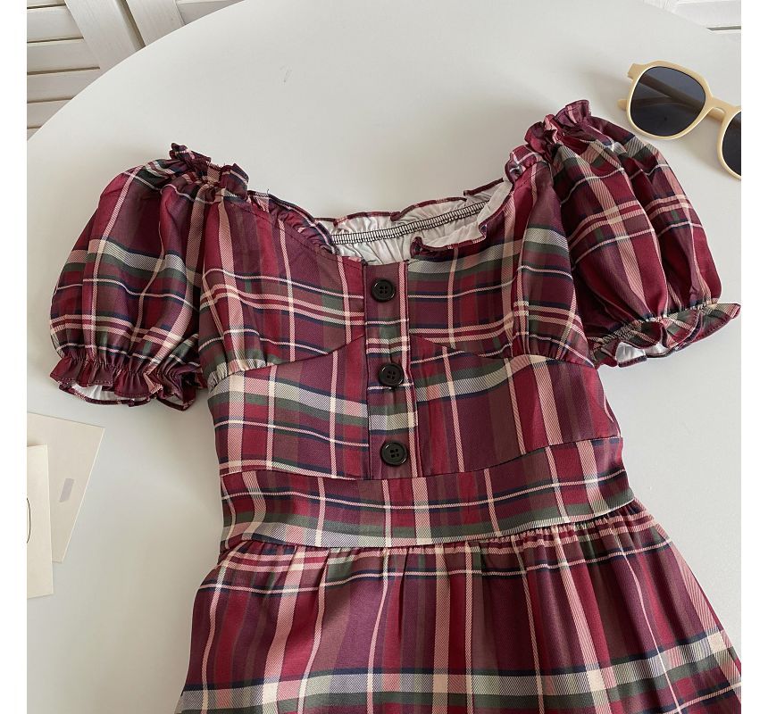 Short-Sleeve Off-Shoulder Plaid Mini A-Line Dress