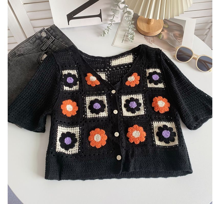 Short-Sleeve V-Neck Floral Crochet Knit Crop Cardigan