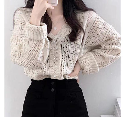 V-Neck Plain Pointelle Knit Cardigan