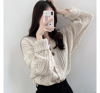 V-Neck Plain Pointelle Knit Cardigan