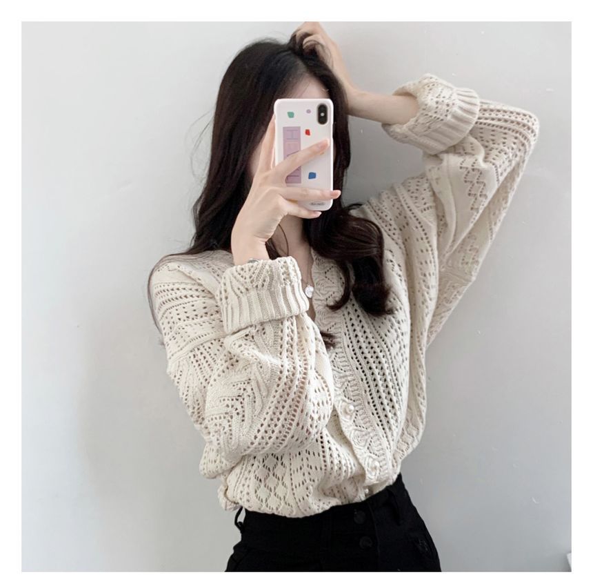 V-Neck Plain Pointelle Knit Cardigan