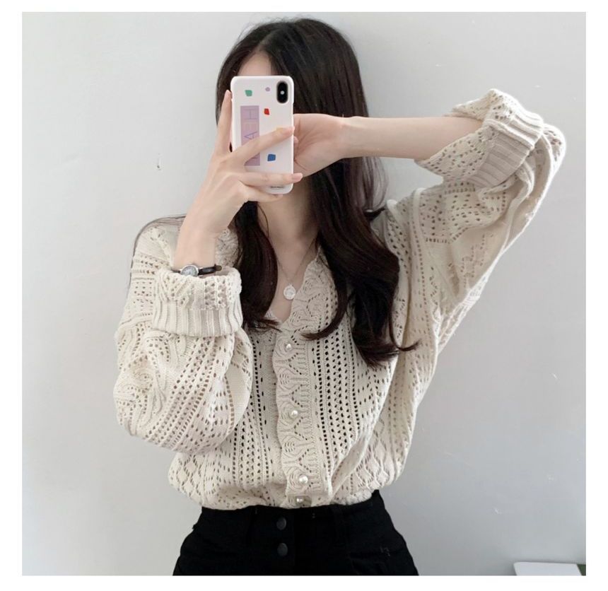 V-Neck Plain Pointelle Knit Cardigan