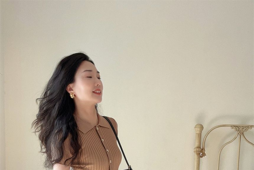 Polo Midi Knit Plain Sheath Short-Sleeve Dress