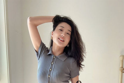 Polo Midi Knit Plain Sheath Short-Sleeve Dress