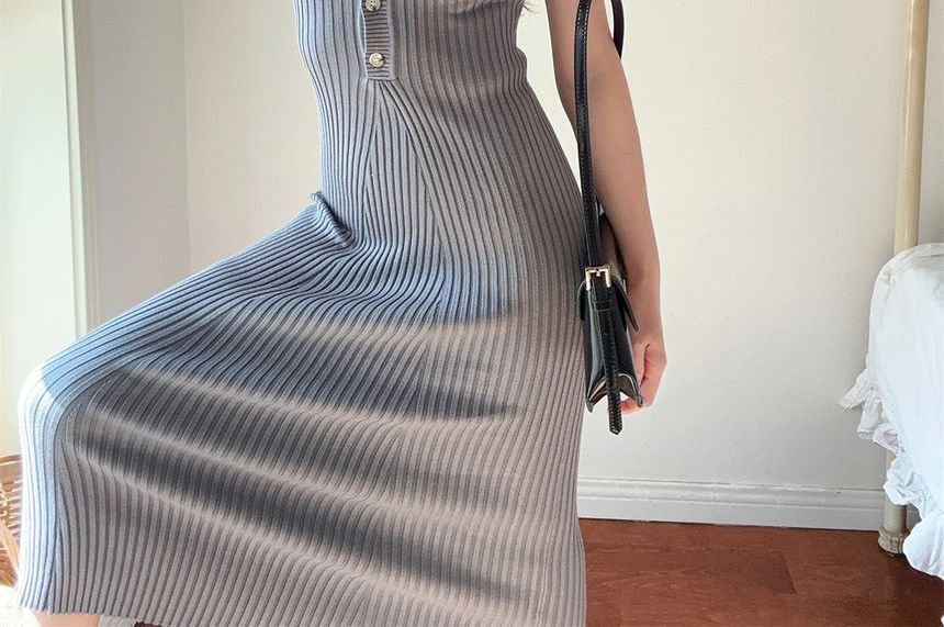 Polo Midi Knit Plain Sheath Short-Sleeve Dress