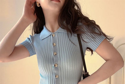 Dress Midi Knit Short-Sleeve Polo Plain Sheath