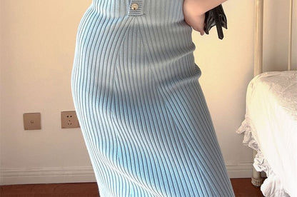 Polo Midi Knit Plain Sheath Short-Sleeve Dress