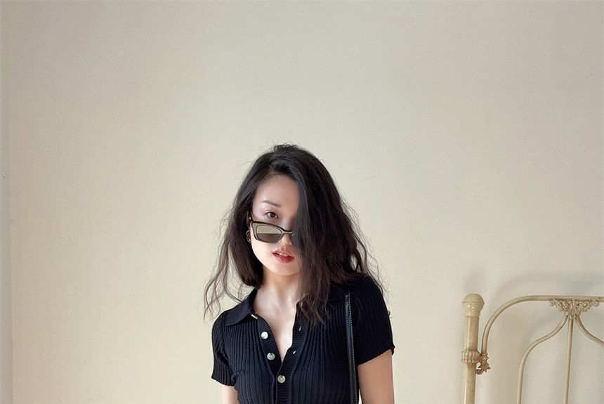 Dress Midi Knit Short-Sleeve Polo Plain Sheath