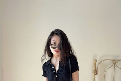 Dress Midi Knit Short-Sleeve Polo Plain Sheath