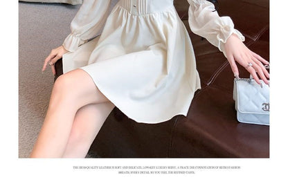 Long-Sleeve Square Neck Button Accent Frill Trim Mini A-Line Dress