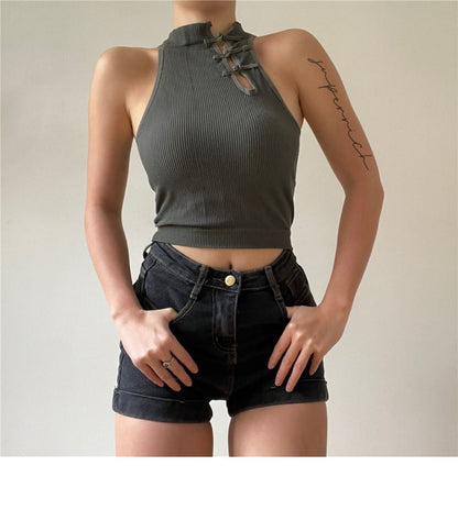 Frog Crop Plain Button Top Tank Padded