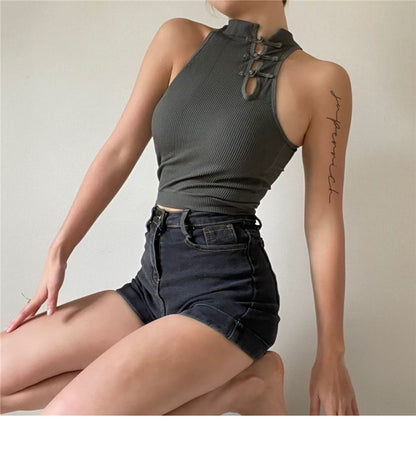 Frog Crop Plain Button Top Tank Padded