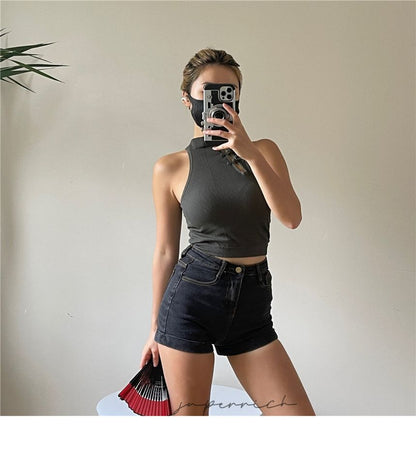 Crop Top Frog Padded Plain Button Tank