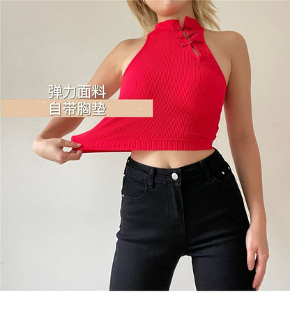 Crop Top Frog Padded Plain Button Tank