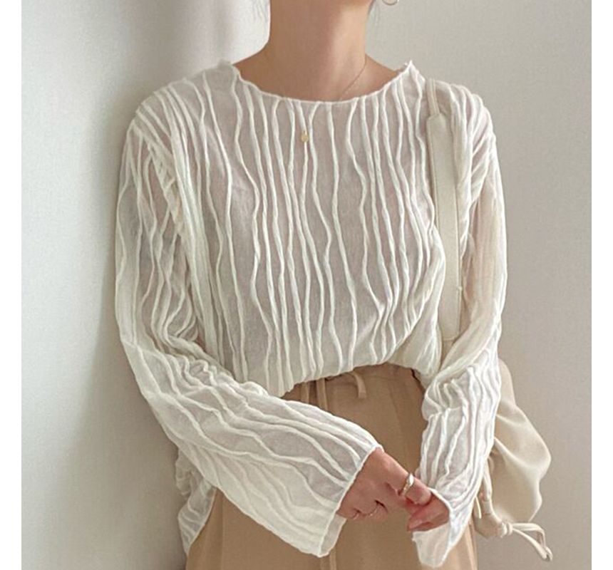 Long-Sleeve Boat Neck Striped Blouse