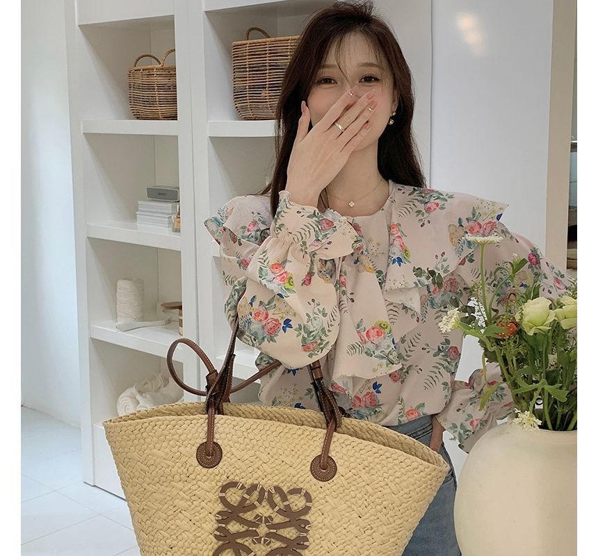 Puff-Sleeve Floral Print Ruffled Drawstring Blouse