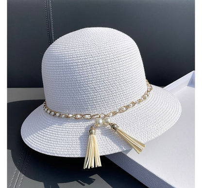 Straw Faux Hat Bucket Pearl