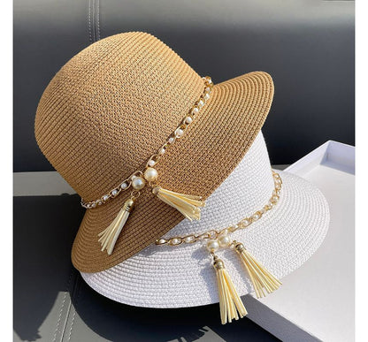 Straw Faux Hat Bucket Pearl