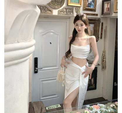 Twist Slit Waist Top Camisole High Ruched High-Low A-Line Skirt + Set: Crop Plain