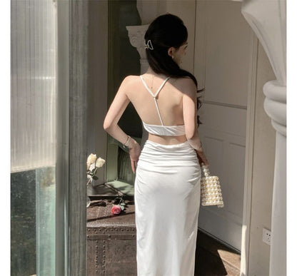 Twist Slit Waist Top Camisole High Ruched High-Low A-Line Skirt + Set: Crop Plain