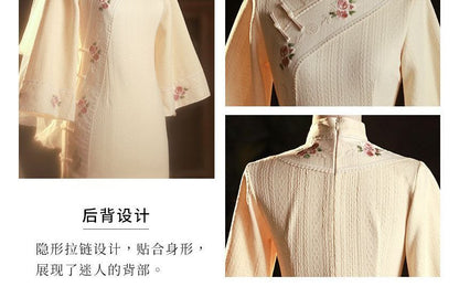 3/4-Sleeve Floral Embroidered Midi Qipao