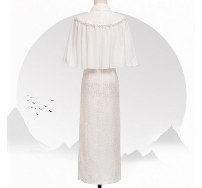 Set: Short-Sleeve Lace Midi Qipao + Faux Pearl Capelet