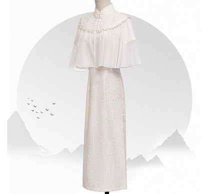 Set: Short-Sleeve Lace Midi Qipao + Faux Pearl Capelet