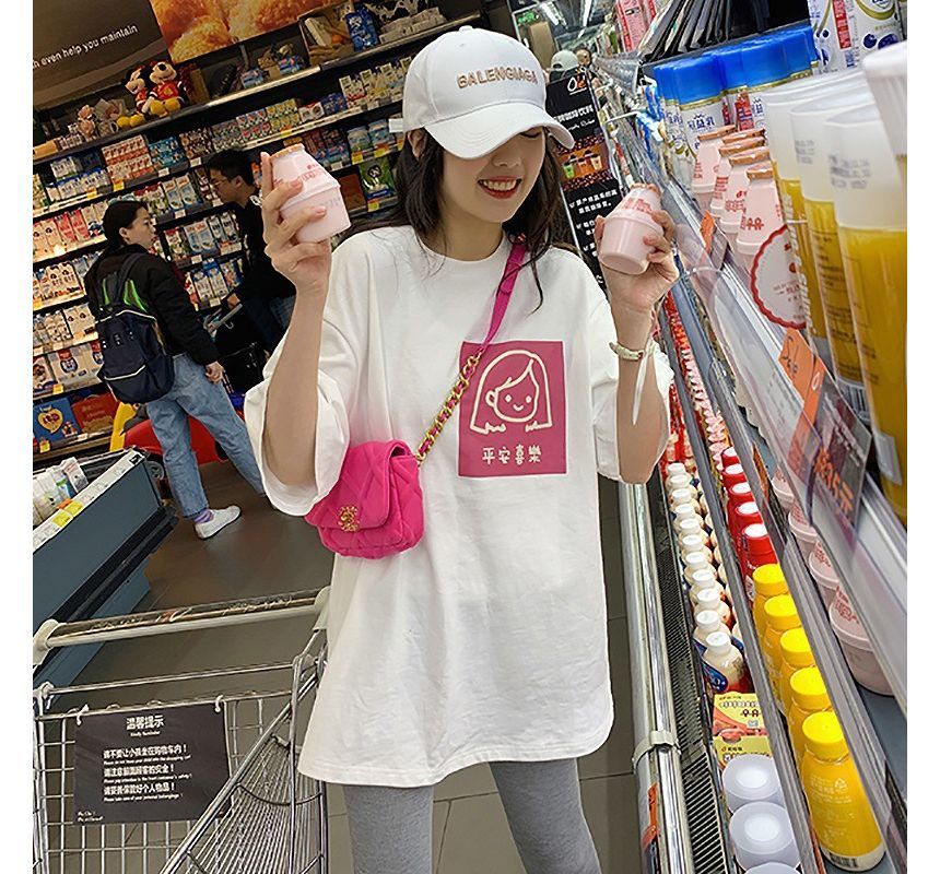 Crew Cartoon T-Shirt Elbow-Sleeve Neck Print