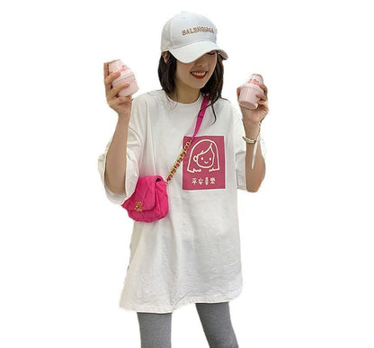 Crew Cartoon T-Shirt Elbow-Sleeve Neck Print