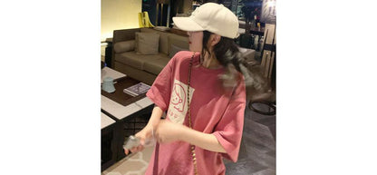 Crew Cartoon T-Shirt Elbow-Sleeve Neck Print