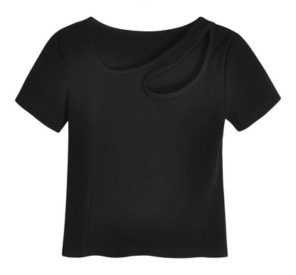Short-Sleeve T-Shirt Cutout Neck Asymmetrical Plain