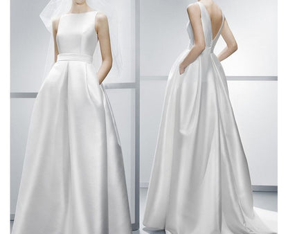 Sleeveless Boat Neck Plain Satin A-Line Wedding Gown