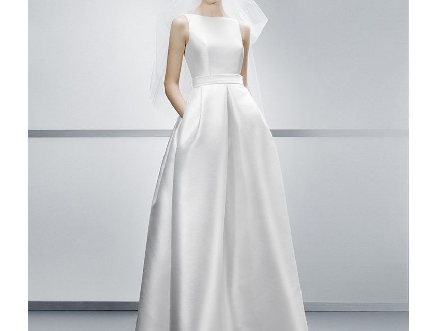 Sleeveless Boat Neck Plain Satin A-Line Wedding Gown