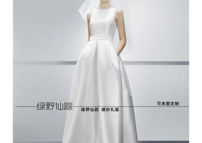 Sleeveless Boat Neck Plain Satin A-Line Wedding Gown