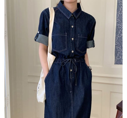 Roll-Sleeve Denim Midi Shirt Dress