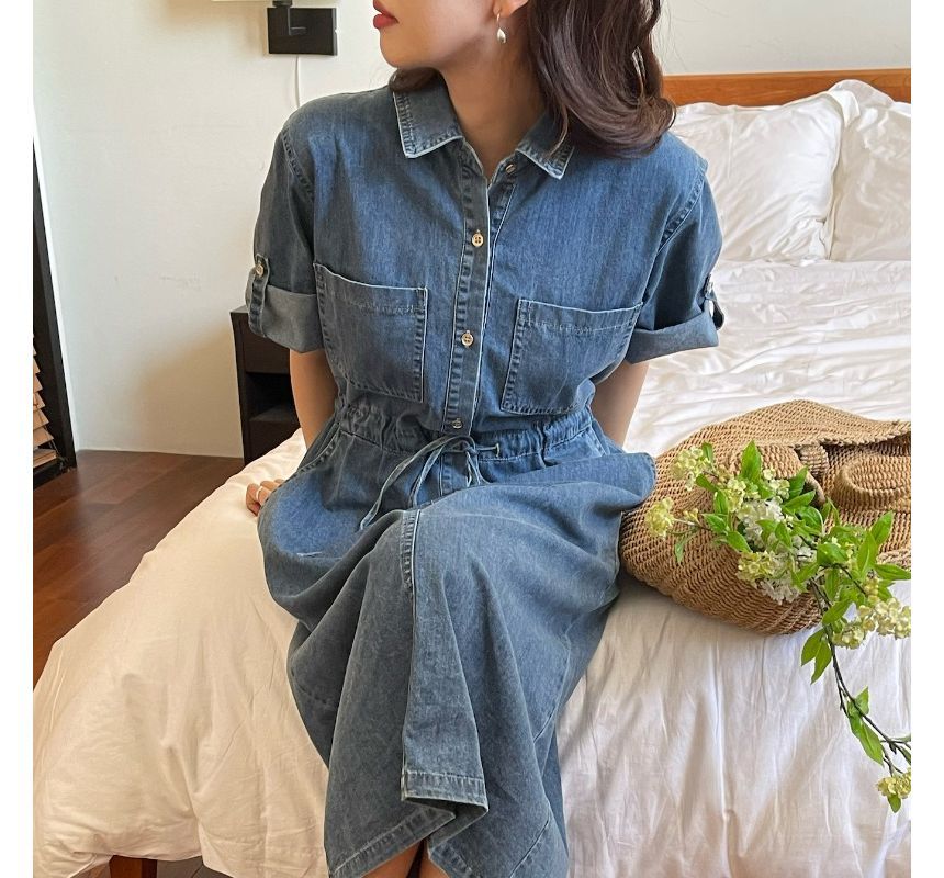 Roll-Sleeve Denim Midi Shirt Dress