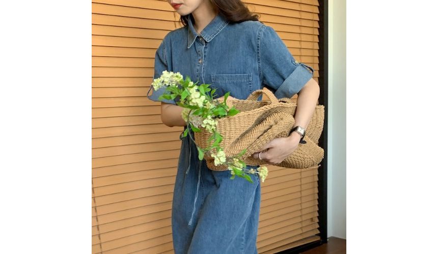 Roll-Sleeve Denim Midi Shirt Dress