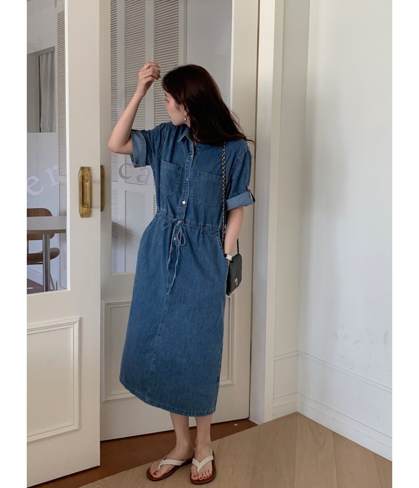 Roll-Sleeve Denim Midi Shirt Dress