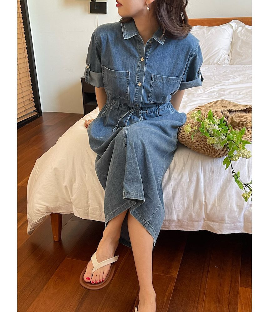 Roll-Sleeve Denim Midi Shirt Dress