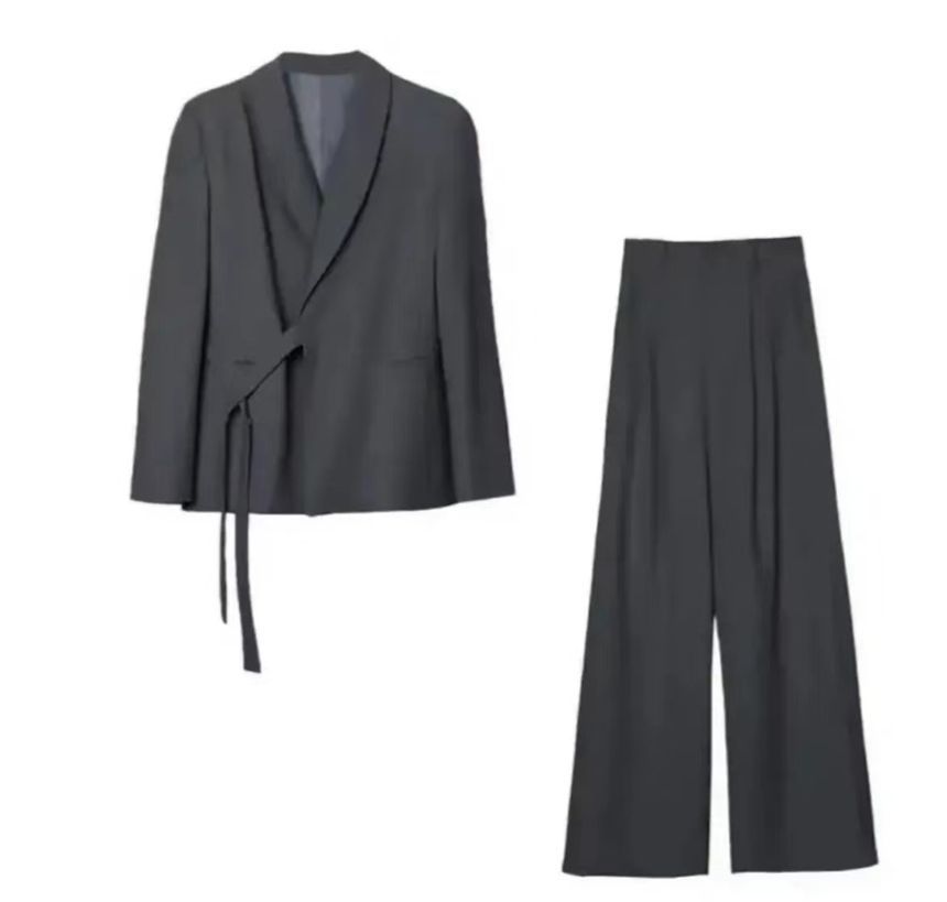 Set: Plain Tie-Strap Blazer + Loose Fit Slacks