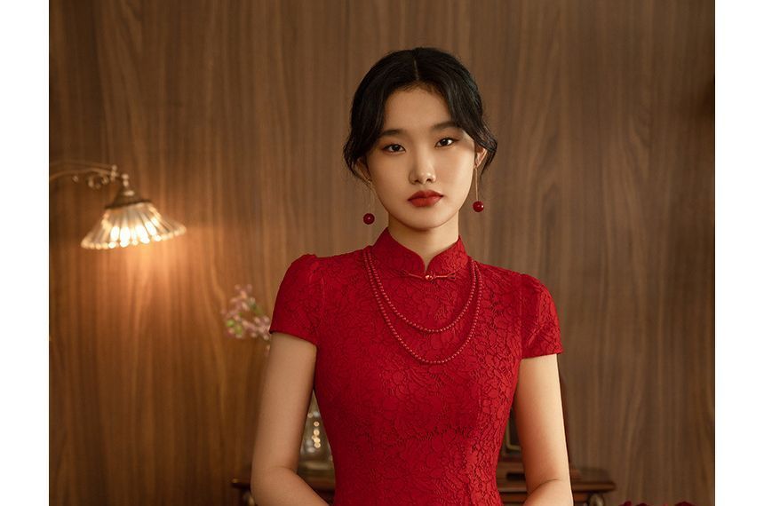 Sheath Dress Midi Frog Buttoned Plain Short-Sleeve