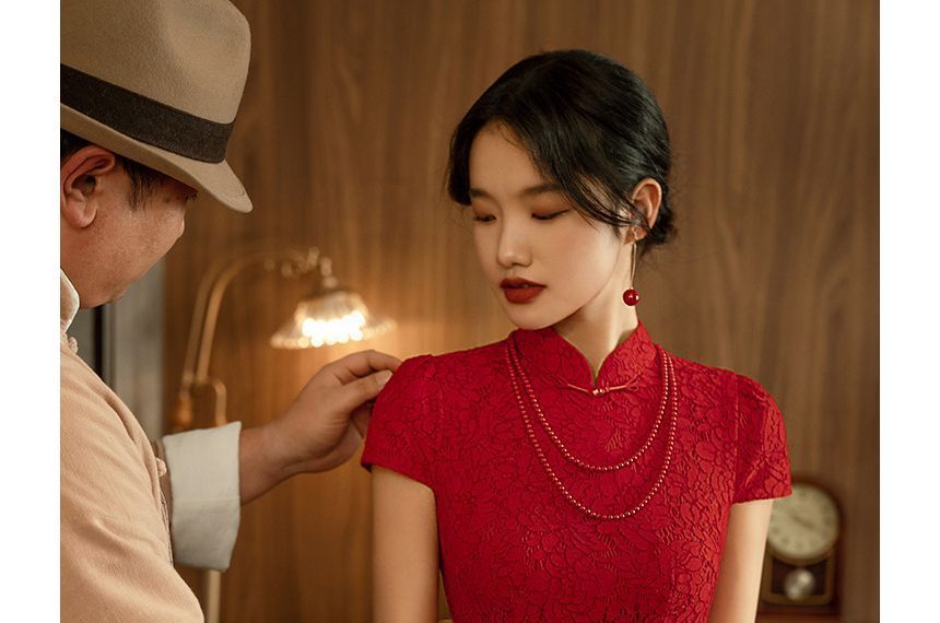 Sheath Dress Midi Frog Buttoned Plain Short-Sleeve