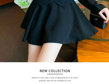 Set: Long-Sleeve Collared Plain Crop Top + High Rise A-Line Skirt