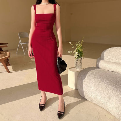 Plain Square Maxi Sleeveless Neck Sheath Dress