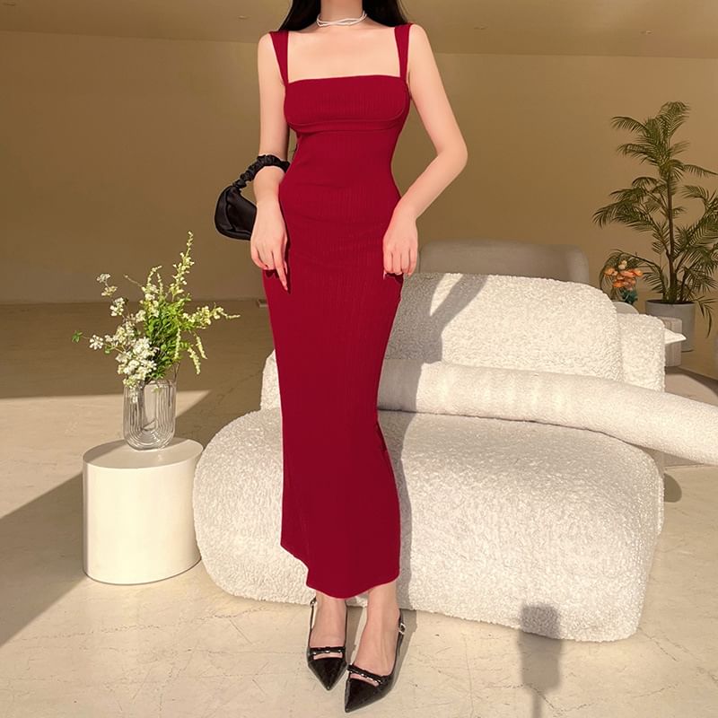 Plain Square Maxi Sleeveless Neck Sheath Dress