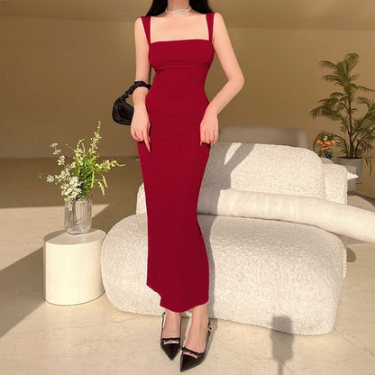 Plain Square Maxi Sleeveless Neck Sheath Dress