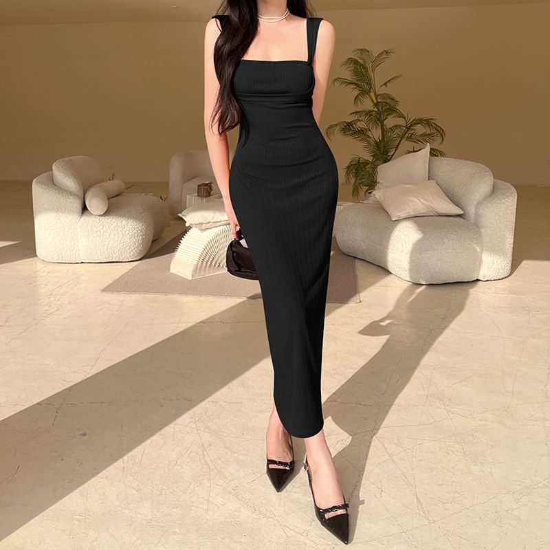 Plain Square Maxi Sleeveless Neck Sheath Dress