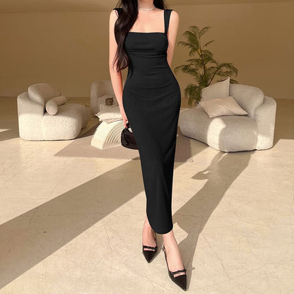 Plain Square Maxi Sleeveless Neck Sheath Dress