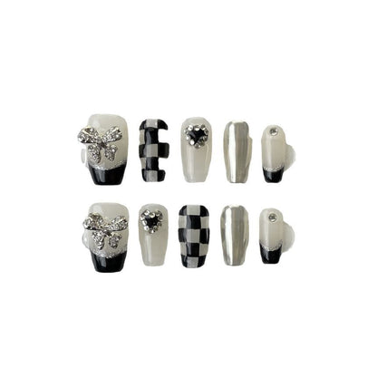 Bow Rhinestone Checker Faux Nail Tips