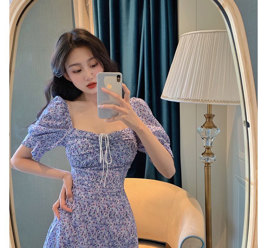 Square Neck Dress Short-Sleeve Sheath Mini Floral